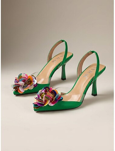  בגדי ריקוד נשים חופשה מפלגה ערבי נופש נצנוץ עקב סטילטו בוהן מחודדת חופשה אופנתי דמוי עור לואפר ירוק ניאון צהוב ורוד