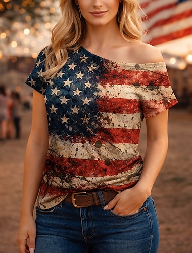  250. rocznica USA Retro / vintage Lata 80 Krótka Koszulkowy Na jedno ramię Krótkie rękawy Flaga USA Strój na bal maskowy Damskie 4 lipca Dzień Niepodległości Dla dorosłych podkoszulek