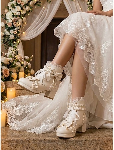  Ivoren bruidslaarzen met vetersluiting en hoge hak, met strik &Vintage-geïnspireerde schoenen met pareldetails voor bruiden op stadsbruiloften.