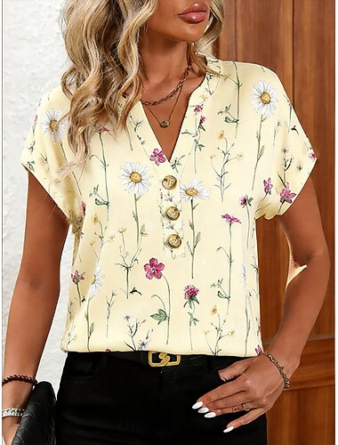  Γυναικεία Μπλουζάκι Στάμπα Φλοράλ Γραφική Φυτά Βίντατζ Στυλάτο Κλασσικό Κοντομάνικο Λαιμόκοψη V Λαιμός με εγκοπή Κανονικά μπλουζάκια Καθημερινά Εξόδου Σαββατοκύριακο Θαλασσί Κίτρινο Καλοκαίρι Άνοιξη