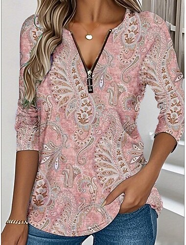  Dame T skjorte Glidelås Trykt mønster Grafisk Stamme Årgang Bohem Tropisk Hawaiisk Langermet V-hals Lange topper Daglig Ut på byen Helg Rosa Lilla Sommer Vår