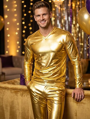  Retro Vintage Anos 80 Japonesa/Curta Moletom Discoteca Patente de látex brilhante Metálico Fantasia Homens Dia Das Bruxas Carnaval Parada do Orgulho Mês do Orgulho Adulto Camisa