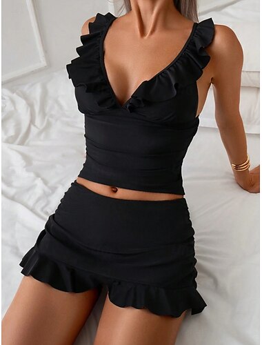  Damen Badeanzug Tankini Zweiteilig Rock Bademode Rüsche Bauchkontrolle Hohe Taille Schlank Rückenfrei Urlaub Strandbekleidung Einfarbig V Ausschnitt Ärmellos Badeanzüge