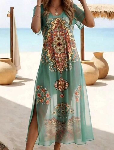  Dames Zwemkleding Een stukje Bedekken Rashguard Zwemjurken Jurken Zwempak Elegant Vakantie Bloemig Grafisch V-hals Korte Mouw Badpakken