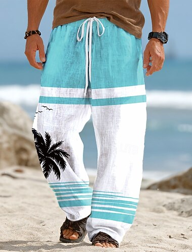  Herr Kokosnötsträd Palmträd Tropiska växter Långbyxor Säckiga byxor Casual byxor Medium Midja Hawaiisk Utomhus Semester Standkläder Elastisk dragsko i midjan Linneliknande byxor med fickor Sommar Vår