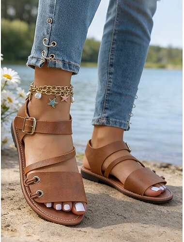  Lichtgewicht zomersandalen voor dames - klassieke bruine platte sandalen met enkelbandje, perfect voor stranduitjes en dagelijkse outfits.