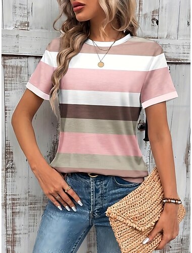  Women's T Shirt Print Graphic Geometric Striped Vintage Stylish Classic Short Sleeve Crew Neck Regular Tops Daily Pink Summer Spring