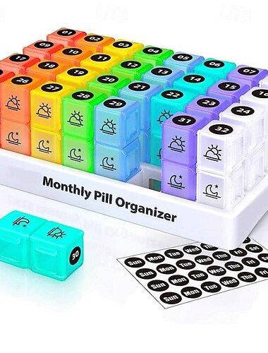  Organizador mensal de comprimidos para uso matinal e vespertino – medicamentos para uso duas vezes ao dia &Armazenamento de vitaminas com etiquetas e adesivos para facilitar o gerenciamento diário.