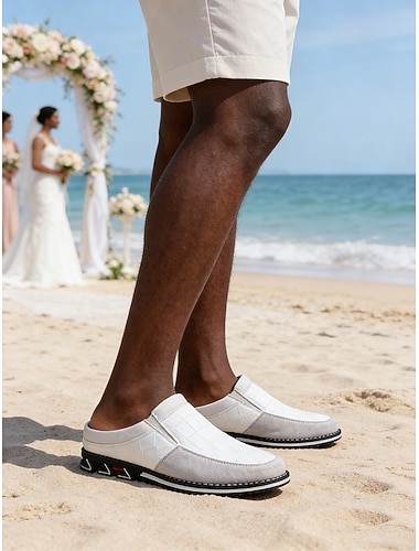  hvite slip-on loafers i kunstskinn for menn, komfortable og stilige, perfekte for strandbryllup og sommerarrangementer