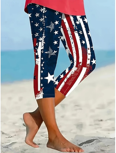  Calças capri patrióticas femininas do Dia da Independência leggings férias havaiana estilosa capris cintura média impressão gráfica de bandeira nacional conforto elástico ao ar livre férias formal