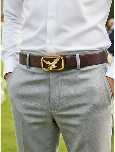  Cinto masculino em couro legítimo com fivela automática em formato de águia - cinto de luxo em couro bovino para negócios, casamentos e uso formal diário - cinto social elegante com fecho de catraca em diversas cores e acabamentos.