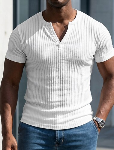  Voor heren T-shirt Spier shirt Geribbeld gebreid T-shirt Korte mouw Korte Mouw V-hals Henley Zomer Lente Alle seizoenen Effen Pitstrook Modieus Ontwerper Basic Knop Casual Vakantie Straat Zwart Wit