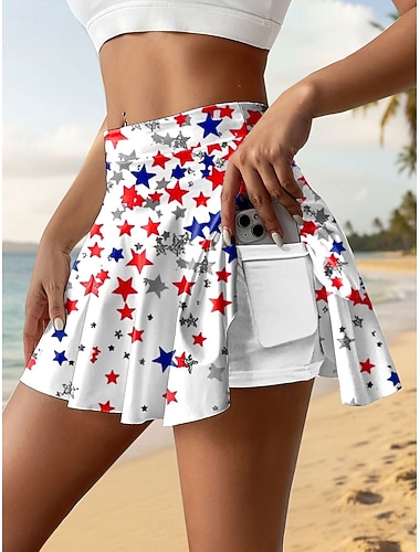  Unabhängigkeitstag Patriotische Damen Tennisrock Mode Freizeit Mini Hohe Taille Röcke Grafik Dehnbar Täglich Strand Blau Gelb Pink Rot Sommer 95% Polyester 5% Spandex