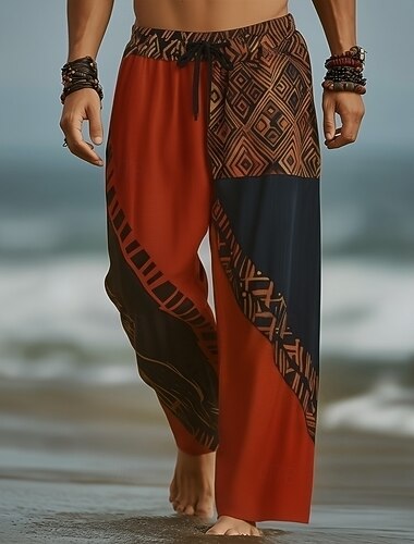  Homens Geométrica Bloco de cor Calças Calças largas Calça casual Cintura Média Moda Casa Ao ar livre Férias Cintura elástica com cordão Calças de linho com bolsos Verão Primavera Impressão 3D Azul