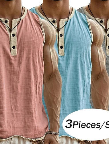  Conjunto de 3 peças masculinas: regata, camiseta sem mangas, camisa henley, modelo básico, casual, para o verão, estilo designer, ideal para férias e para o dia a dia. Ideal para homens.