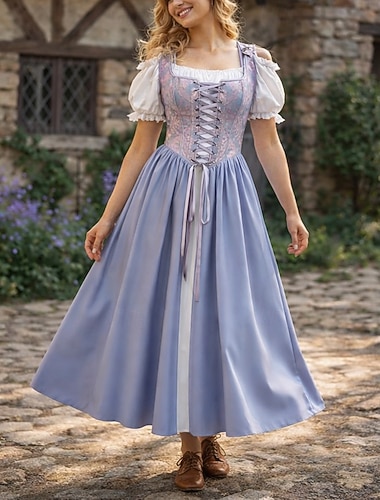  مجموعة عتيق / معتق العصور الوسطى عصر النهضة طول الأرض فساتين مشد أكمام قصيرة جنية مشد ملابس تنكرية نسائي خيال عيد الرعب مهرجان معرض النهضة LARP حفلة ذات طابع ريترو بالغين فستان مشد كل الفصول