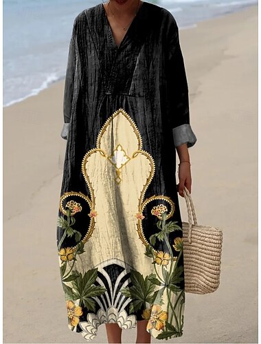  Femmes Robe maxi Robe d'Été Robe trapèze Vacances Occasionnel Boho Plage Soirée Coupe Ample Fleuri Graphique Géométrique manche longue Col en V Bleu Blanc Noir Kaki Été Printemps Automne