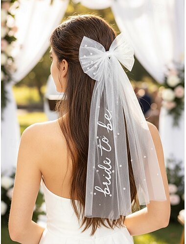  Tiara com véu feminino adornada com pérolas, laço de tule de poliéster com a inscrição "noiva", acessório de cabelo elegante para noivas em casamentos, despedidas de solteira e chás de panela.