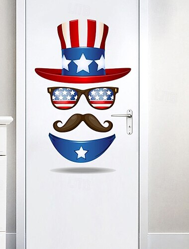  2-pakning med patriotisk dørklistremerke til uavhengighetsdagen 4. juli, veggklistremerker med onkel Sam-hatt, solbriller og bart, rød, hvit og blå, selvklebende dekor til hjemmekontor,