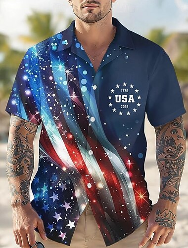  Herr 4 juli USA:s 250-årsjubileum Stjärnbeströdd himmel USA: s flagga Skjorta Kubansk skjorta Knapp upp skjorta Kortärmad Patriotisk Helgdag Sommar Vår Lägerkrageskjorta 3D-utskrift Blå röd Mörkbl