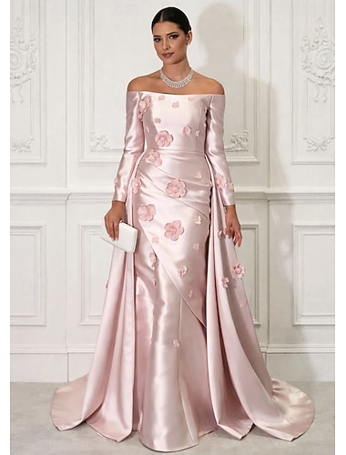 Ligne A Traîne Balayage Robe de Soirée Robe de bal avec surjupe Élégant Scintillant Floral manche longue Col Bateau Soirée Mariage Robe Rose Satin avec Fleur brodée Fente Broderie perlée