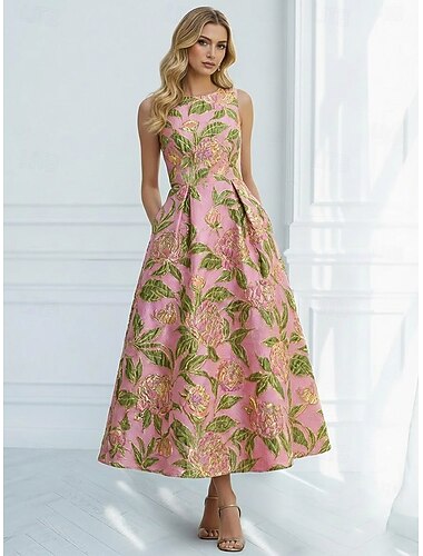  A-lijn Over de knie Formele jurk Cocktailjurken Elegant Mouwloos Boothals Bruiloft Formeel Jacquard met Plooien