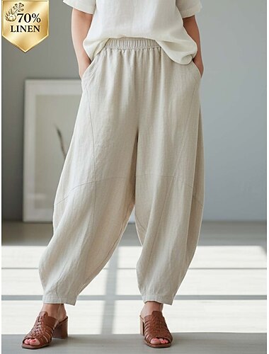  Damen Hose aus Baumwollleinen Chinos Sommerhose Lange Unterhosen Urlaub Streetwear Lässig Volle Länge Mittlere Taillenlinie Einfarbig Tasche Elastischer Bund Bequem Komfort Unelastisch Täglich