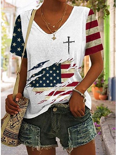  Giorno dell'Indipendenza Americana Per donna Maglietta Stampato Grafico Bandiera Bandiera Americana Vintage Elegante Classico Manica Corta Scollo a V Top Regolari Quotidiano Nero Bianco Estate