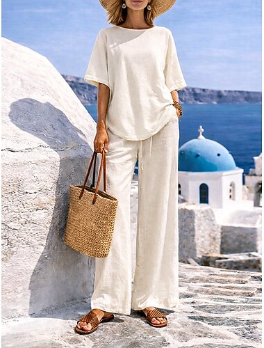  Damesbroekensets van 15% linnen, basic linnen sets, effen kleur, zakken, elastische taille, t-shirt en broek, geschikt voor dagelijks gebruik, lange mouwen, ronde hals, blauw, zwart, wit, marineblauw, lichtbruin, zomer, lente