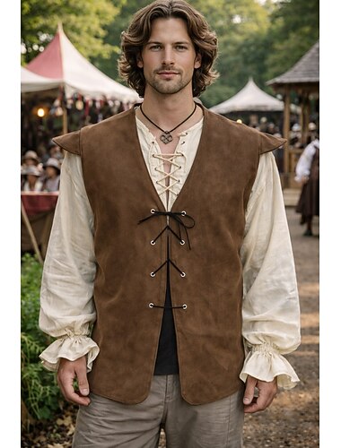  Médiéval Renaissance Veste Pirate Chevalier Viking Déguisement Homme Viking Pirate Halloween Carnaval Performance LARP Foire de la Renaissance Adulte Gilet
