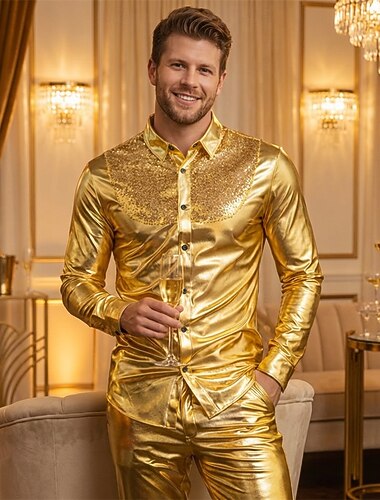  Discoteca Anos 80 Metálico Brilhante Blusa / Camisa Baile de Máscara Discoteca Paetês Fantasia Homens Fantasia de Carnaval Baile de Máscaras Festa / Noite Festa de Solteira Parada do Orgulho Adulto
