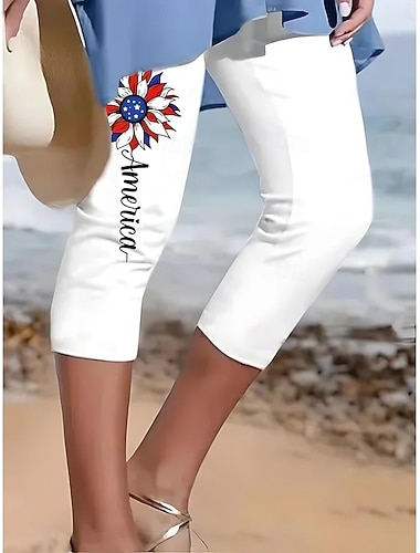  Jour de l'Indépendance pantalons capri patriotes leggings de vacances hawaïens élégants capris taille moyenne graphique drapeau national brodé poche impression confort extensible extérieur vacances
