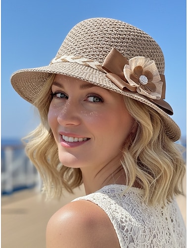 Opvouwbare, bohemian strohoed voor dames – lichtgewicht, ademende polyester strandpet met bloemenstrik, verkrijgbaar in verschillende kleuren voor zomervakantie, dagelijks gebruik en reizen.