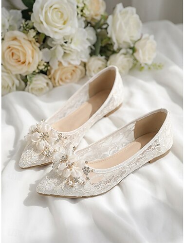  נעלי כלה שטוחות תחרה לבנות לנשים - נעלי כלה אלגנטיות עם חרטום מחודד וסיכה פרחונית עם ריינסטון לחתונות גן, כלות רומנטיות &טקסים בחוץ