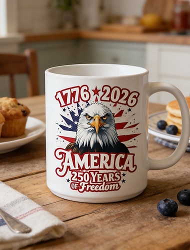  Amerikaanse keramische koffiemok ter ere van het 250-jarig jubileum, 325 ml (11,2/15,2 oz), witte keramische mok voor koffie, thee, melk, water, decoratieve drankbeker, ideaal cadeau voor patriottische gelegenheden of verjaardagen.