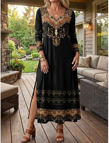  Femmes Robe Midi Robe Vintage Robe T-Shirt Robe bohème Élégant Rétro Occasionnel Quotidien Vacances Mince Uni manche longue Col ras du cou Noir Hiver Automne