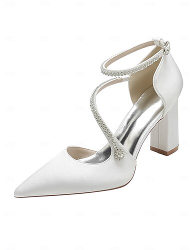  décolleté da donna con tacco a blocco in raso color avorio e cinturino alla caviglia con cristalli, eleganti scarpe da sposa per matrimoni in città