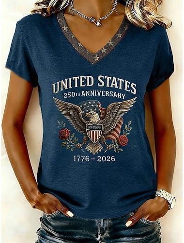  Onafhankelijkheidsdag Amerikaanse Jubileum Patriottische Dames T-shirt Print Grafisch Vlag Vintage Stijlvol Klassiek Korte Mouw V Hals Regular Tops Dagelijks Blauw Wit Marineblauw Zomer Lente