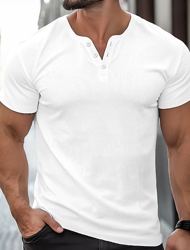  Voor heren Henley-shirt Spier shirt T-shirt Korte Mouw Effen Modieus Ontwerper Basic Puur Henley Casual Vakantie Straat Zomer Alle seizoenen Zwart Wit Grijs Henley-T-shirt
