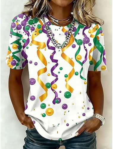  Carnaval Mardi gras Dames T-shirt Afdrukken Grafisch Vintage Modieus Stijlvol Korte mouw Strakke ronde hals Normale tops Dagelijks Zwart En Rood Wit Geel Lichtgroen Paars Zomer Lente