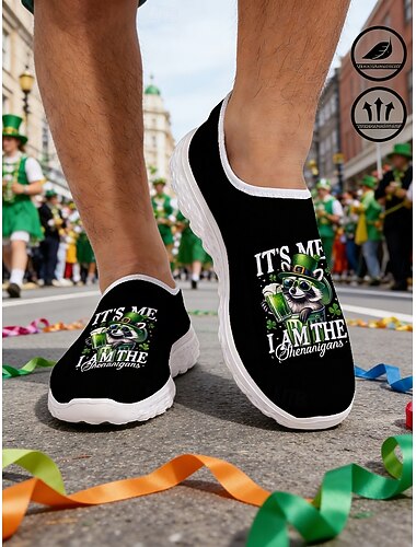  أحذية رياضية رجالية سهلة الارتداء برسومات خاصة بيوم القديس باتريك - أحذية شبكية خفيفة الوزن وجيدة التهوية مناسبة للتجول في الحانات الأيرلندية، ويوم العرض، وليالي الحفلات &ملابس الشارع الخاصة بالعطلات