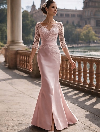  Sirena Tromba Lunghezza al pavimento Abito da invitata a nozze Abito Formale Abito da sera Abito da cerimonia per signora Manica 3/4 Scollo Tondo Elegante Festa Formale Serata Formale Raso Pizzo con