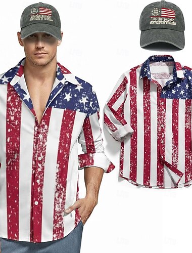  Amerikansk 250-årsjubileumssett med langermet skjorte og matchende hatt - USA-flagg, 50-årsjubileum, 4. juli, uavhengighetsdag, for menn og voksne
