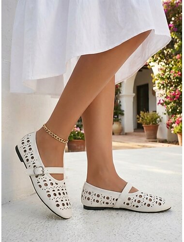  női fehér lézerrel vágott Mary Jane balettcipő - lélegző, üreges balettcipők csatos pánttal kültéri üdülőhelyekre, trópusi nyaralásokra &nyári utazás