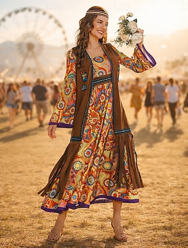  Set Rétro Vintage Années 1970 Disco Robe Tenues Gilet en daim Manches longues Hippie Disco Frange à pompons Fleuri Déguisement Femmes Halloween Carnaval Mascarade Festival de Musique Performance
