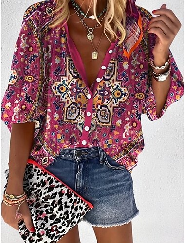  Damen Bluse Knöpfe Druck Grafik Stilvoll Lässig Dreiviertelarm Halbarm Laternenärmel V Ausschnitt Einkerbiger Ausschnitt Normale Oberteile Täglich Wein Rote Sommer Frühling Herbst