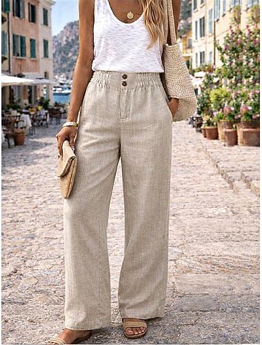  Damen Kunstbaumwollleinen Weites Bein Chinos Sommerhose Streetwear Basic Lässig Volle Länge Hohe Taille Einfach Tasche Bequem Weich Unelastisch Outdoor Straße Aprikose Schwarz Weiß Grau Sommer