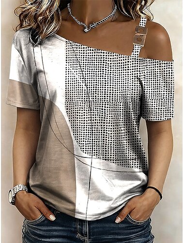  Dame T skjorte T-skjorte Trykt mønster Asymmetrisk Grafisk Geometrisk Abstrakt Årgang Mote Stilfull Kortermet Enskuldret Vanlige topper Daglig Ut på byen Helg Rød Oransje Kakifarget Sommer Vår