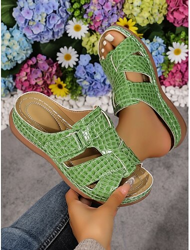  Gröna damsandaler med krokodilprägling - mjuk vadderad fotbädd, andningsbar utskuren design, snygga vardagsskor för promenader, resor, sommarutflykter, shopping, stranddagar &dagligt slitage