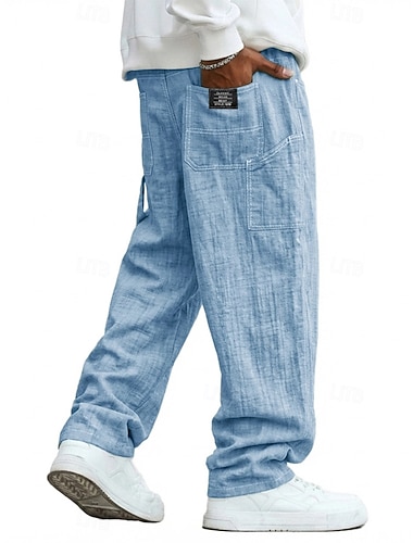  Herren Leinenhosen Hose Sommerhose Baggy-Hosen Tasche Elastischer Bund Gerader Schnitt Einfarbig Bequem Atmungsaktiv Volle Länge Lässig Täglich Ferien Urlaub Mode Schwarz Weiß Unelastisch